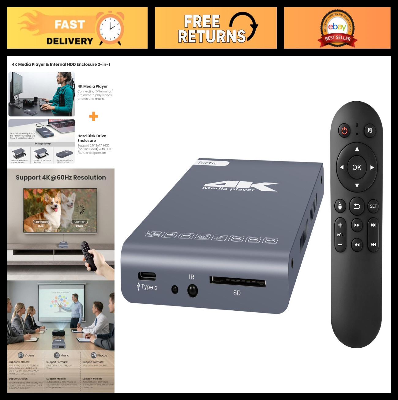 4K Ultra HD Digital Media Player & HDD Enclosure 2-in-1, MP4 Video Player, HDMI/