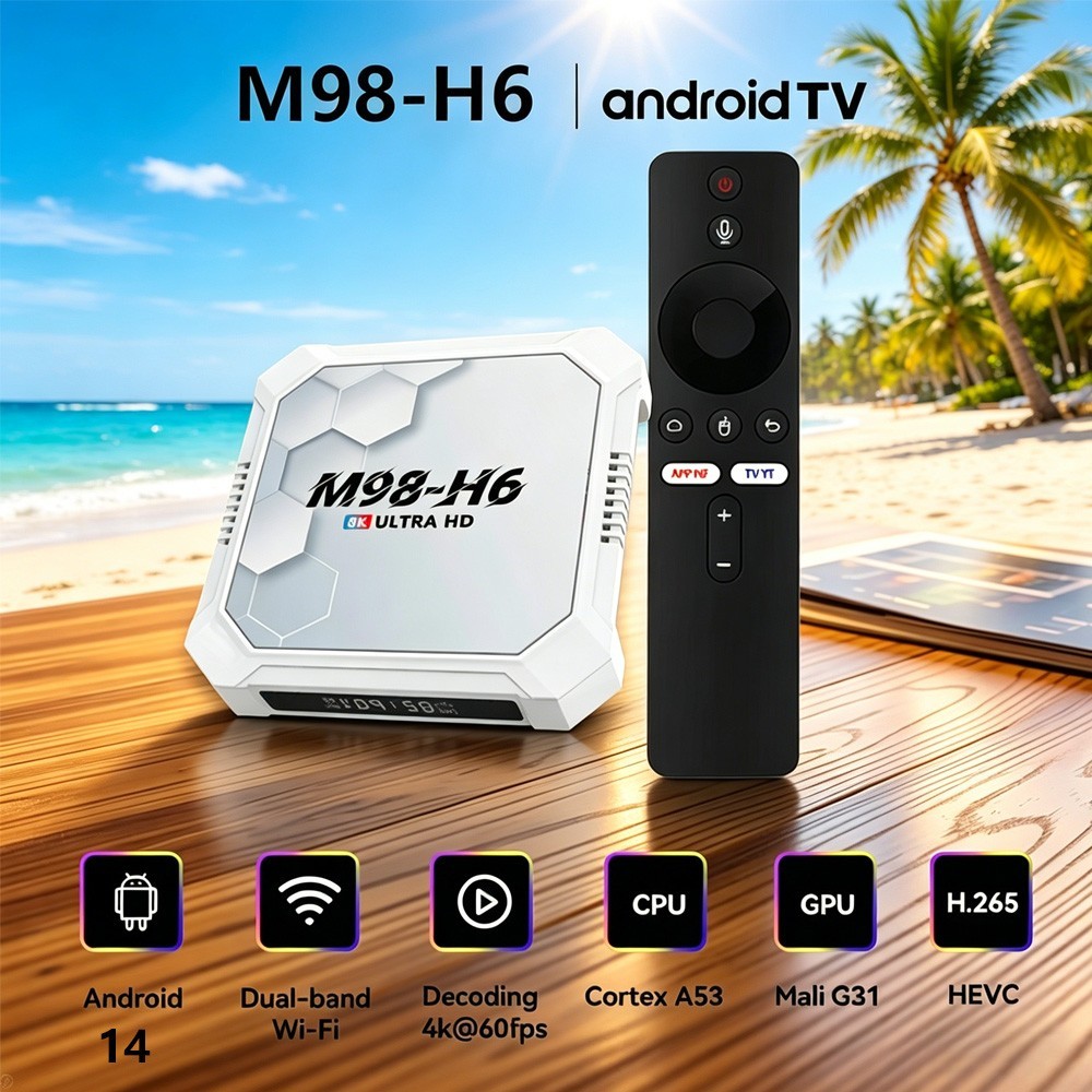 M98-H6 Android 14 TV Box 4K Ultra HD WiFi6 BT 5.4 4+32 GB Streaming Media Player