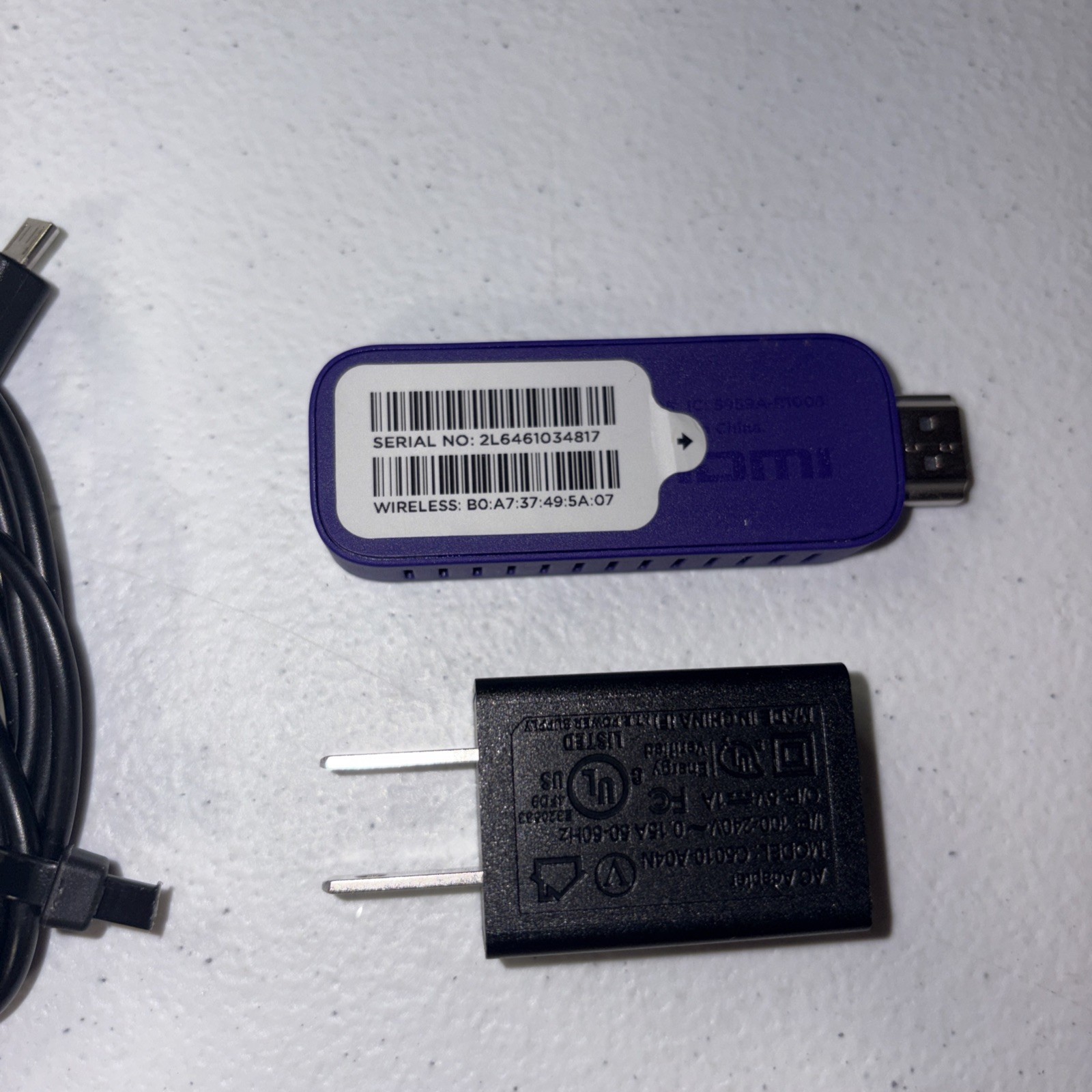 Roku 3500X Purple Streaming Stick, USB Cord Cable & Power Brick Tested Works