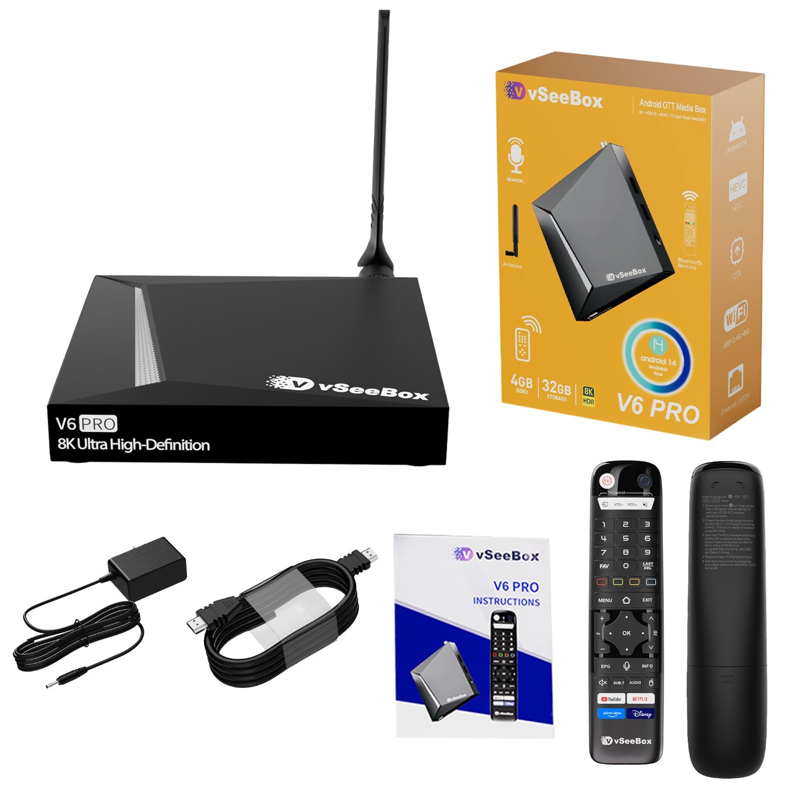 Vseebox V6 Pro Android 14 TV Box with 4GB RAM 32GB ROM & Bluetooth Voice Remote