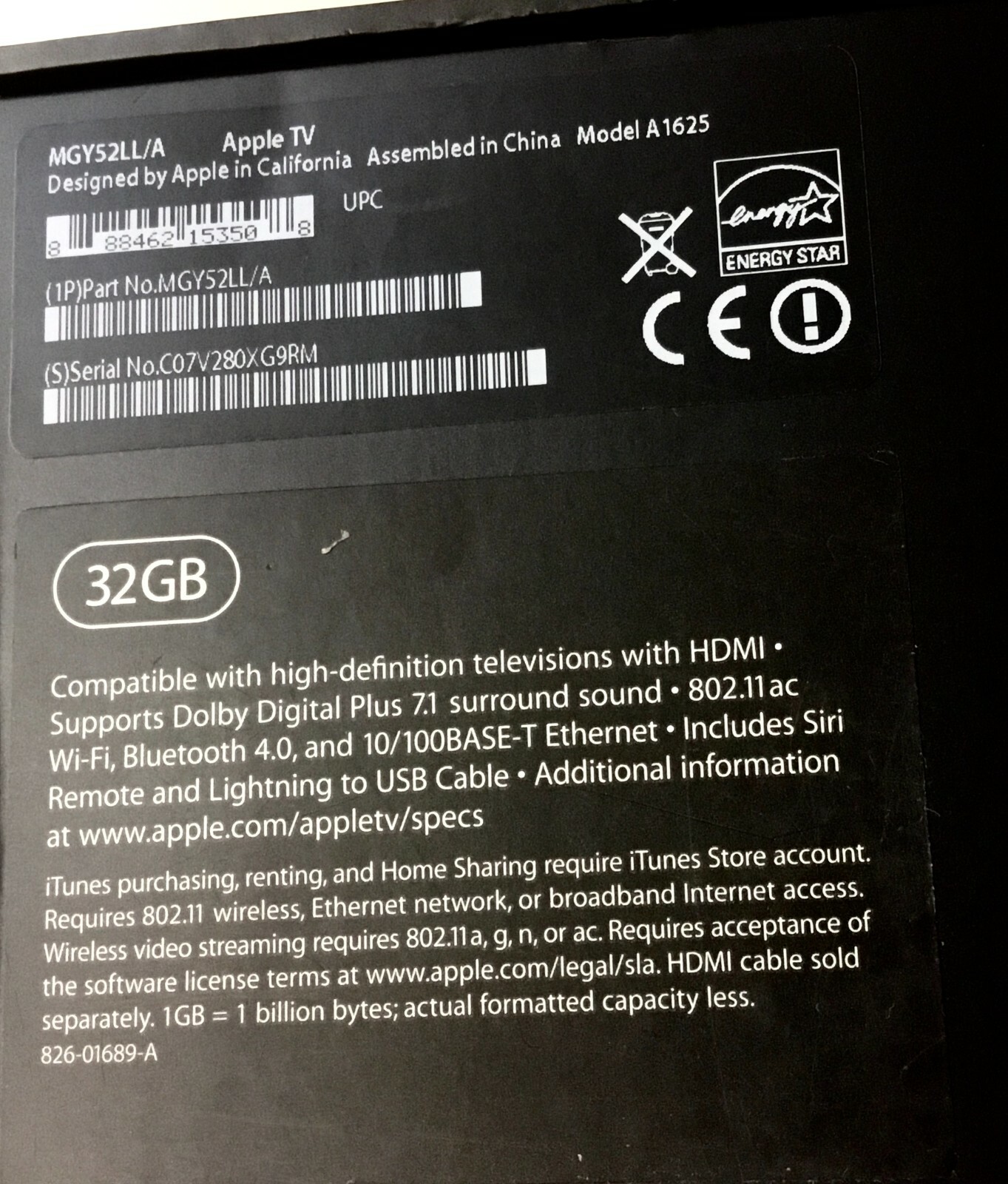 AppleTV HD 4th Gen Black – A1625 MGY52LL/A No Electronics BOX ONLY