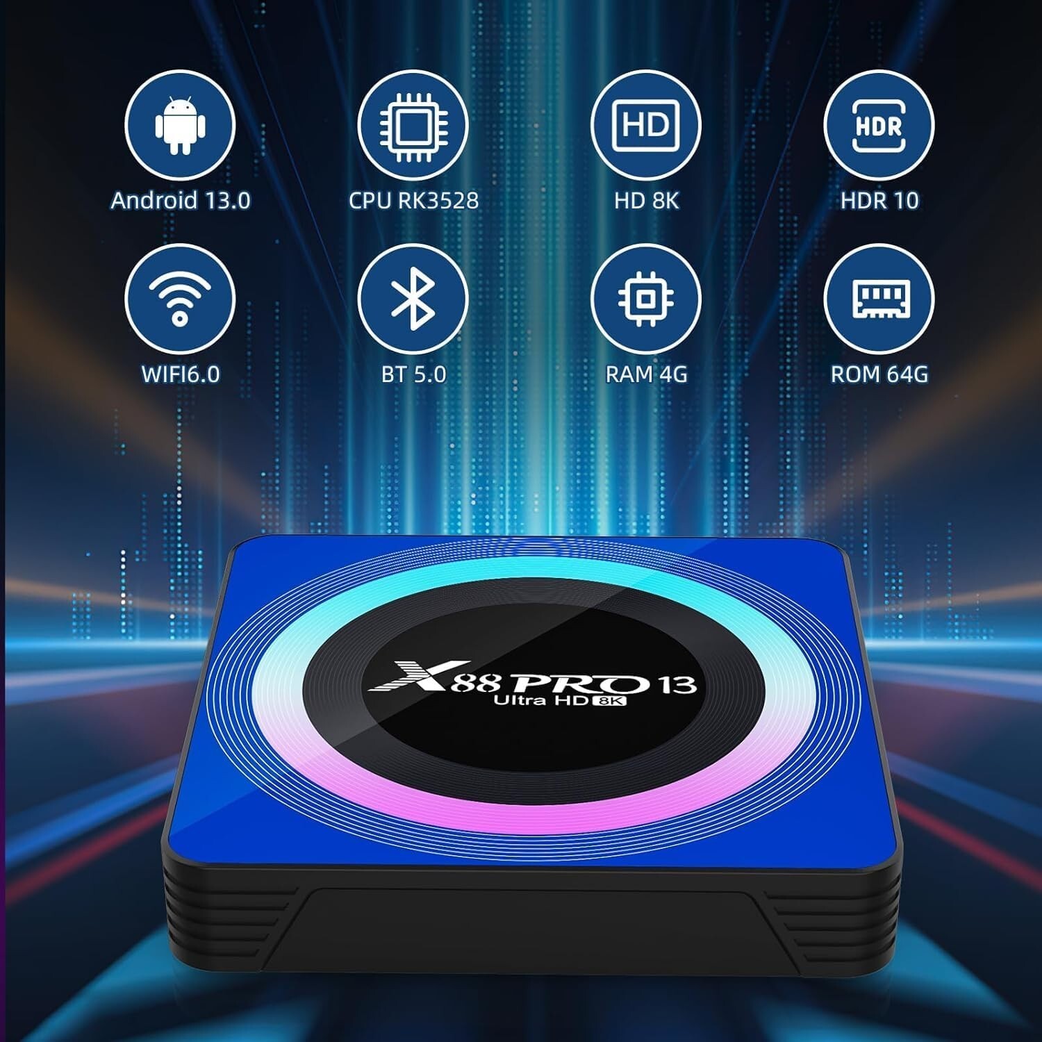Quad-Core Android 13.0 TV Box: 64GB ROM, Dual WiFi & Bluetooth – Compact Design