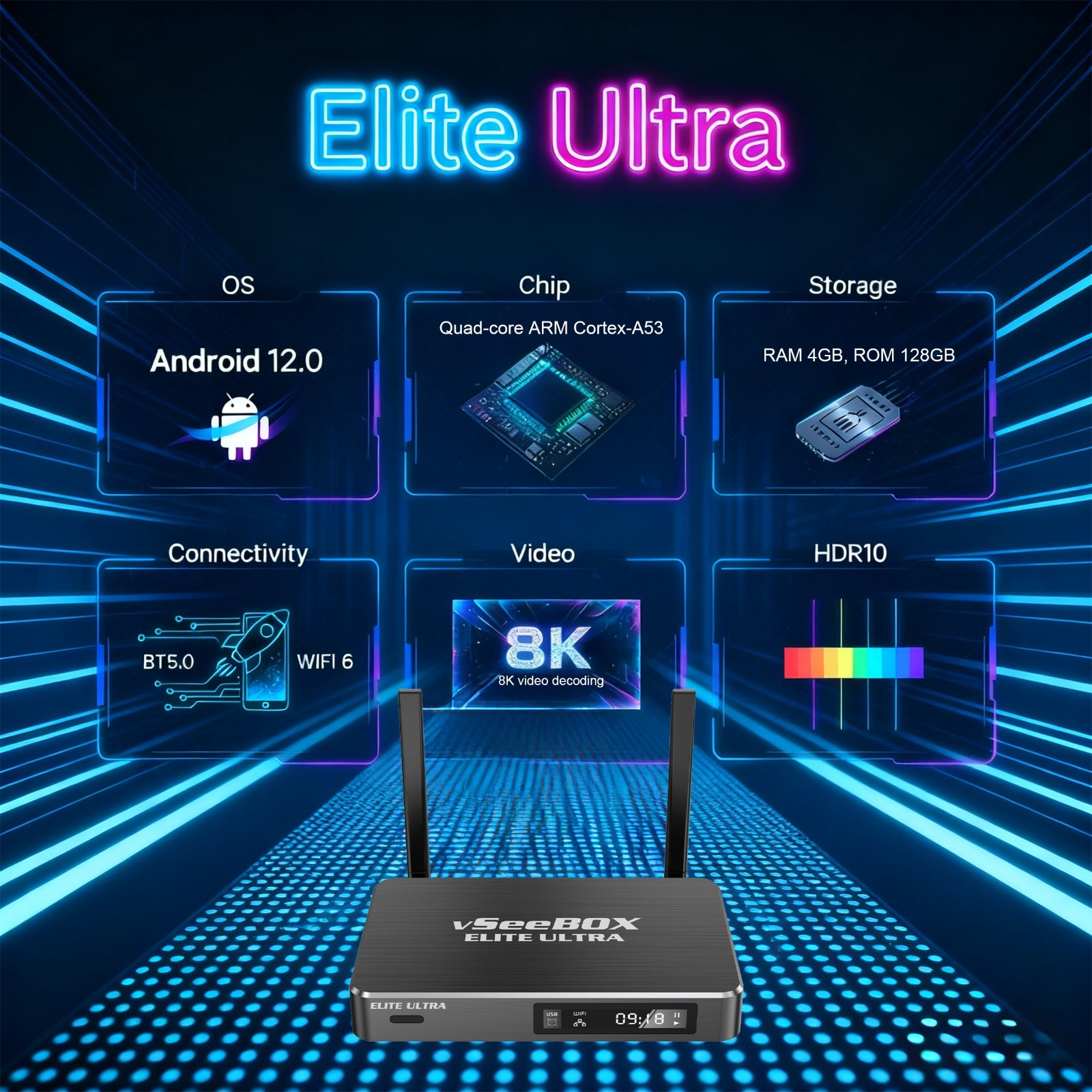 Vseebox Elite Ultra Android TV Box, 8K Streaming Media Player with Voice Control