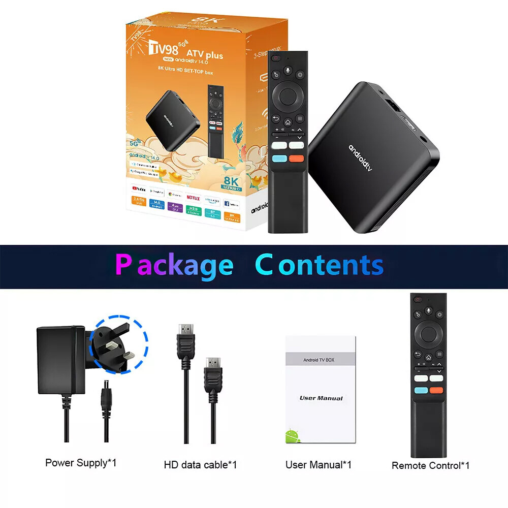 TV98 PLUS Android 14.0 Smart TV Box Quad Core 8K UHD WiFi 5G BT5.0 Media Player