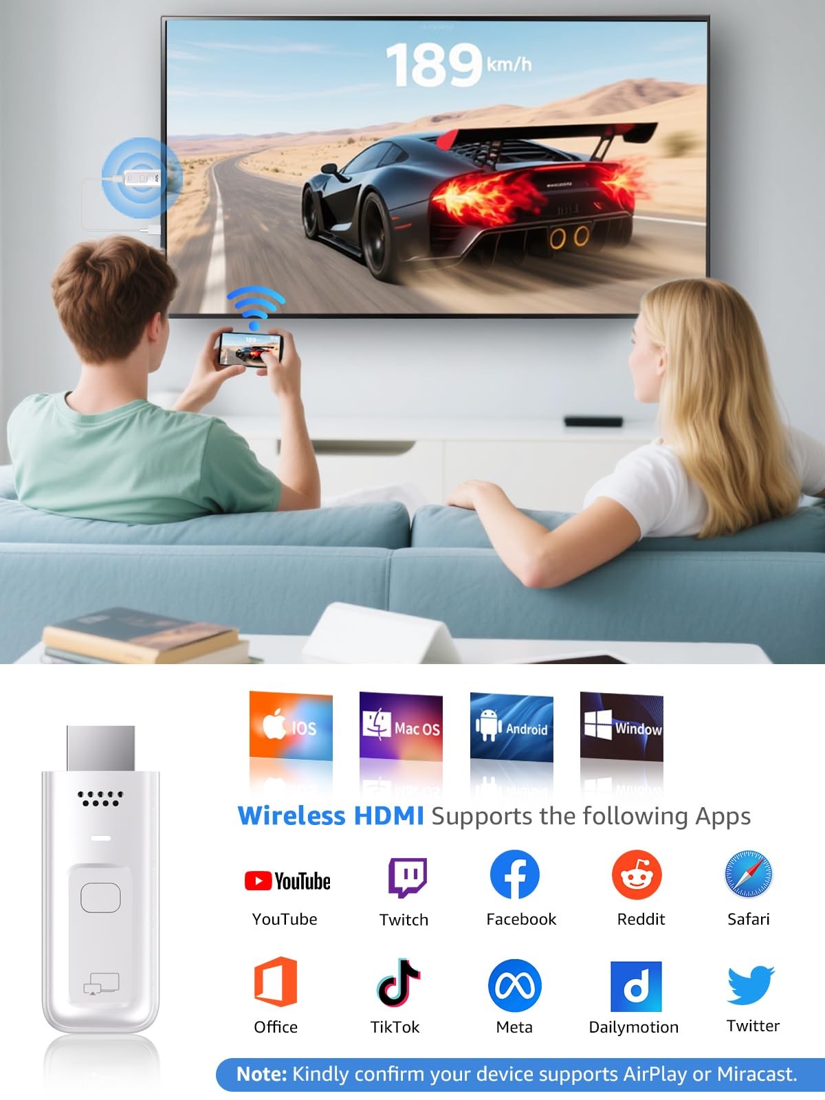 Wireless HDMI Display Dongle Adapter, iShare iOS 6.44*2.42*1.17cm, White