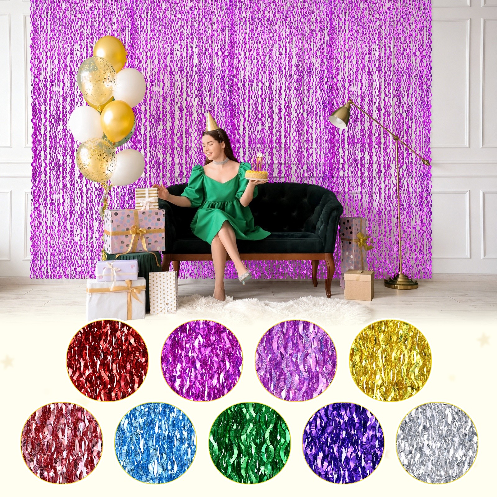 2Pcs Shiny Wave Tinsel Foil Fringe Curtain 3.3×6.6 ft for Anniversary Rose Red