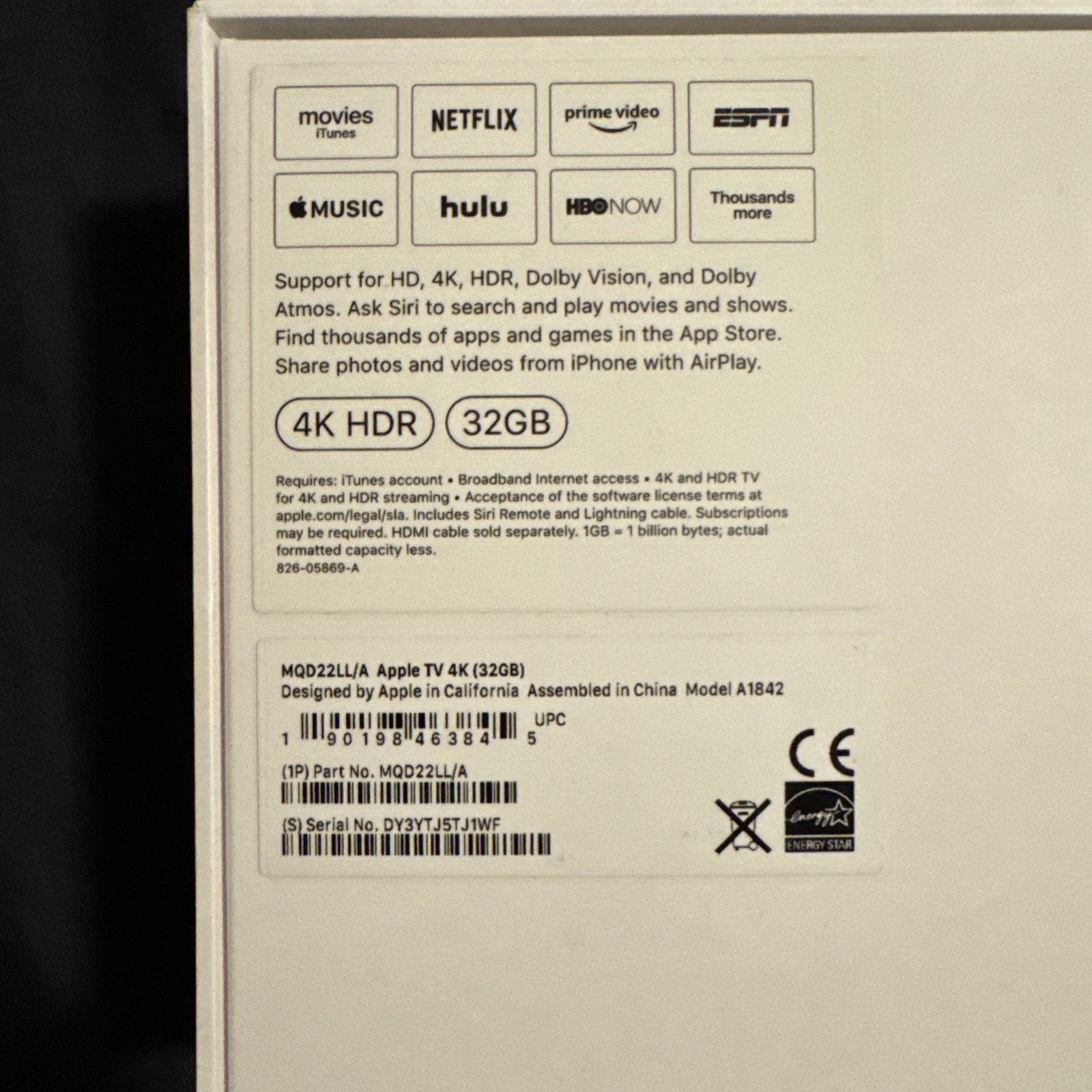 Apple TV (32GB) 4K HDR A1842 MQD22LL/A Box Only