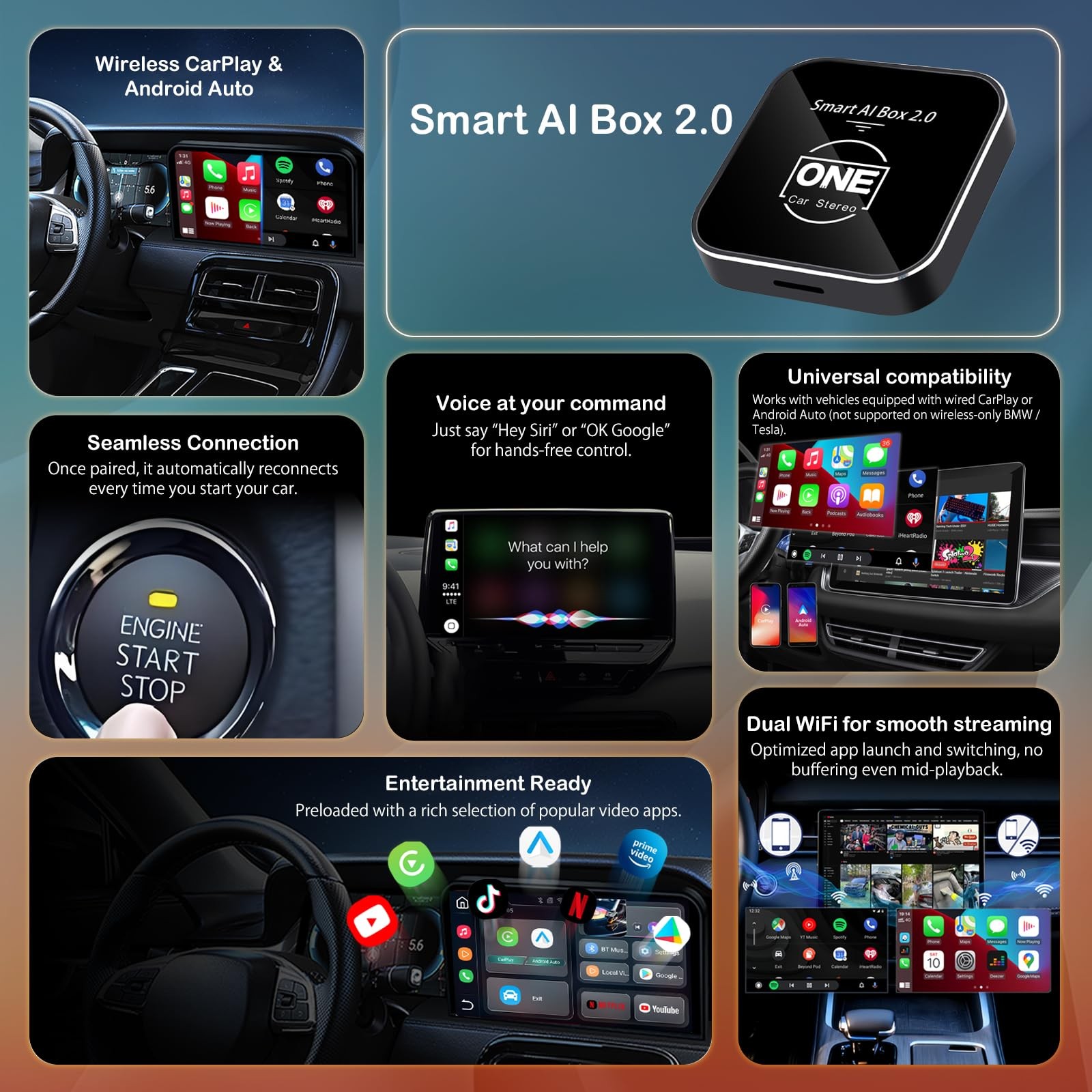 One Car Stereo 2026 Smart Ai 2.0 Wireless Carplay Android Auto Adapter Dongle