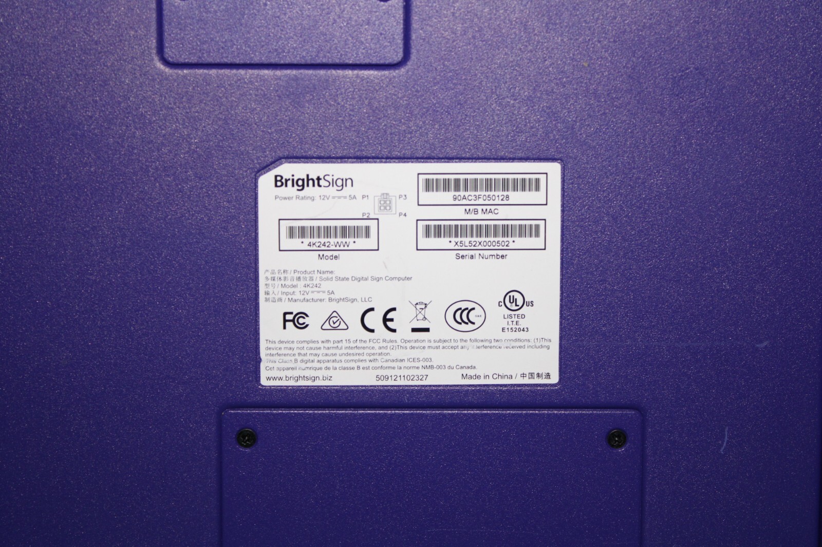 BRIGHTSIGN 4K Model 4K242-WW Digital Signage Media Player – No Power Supply