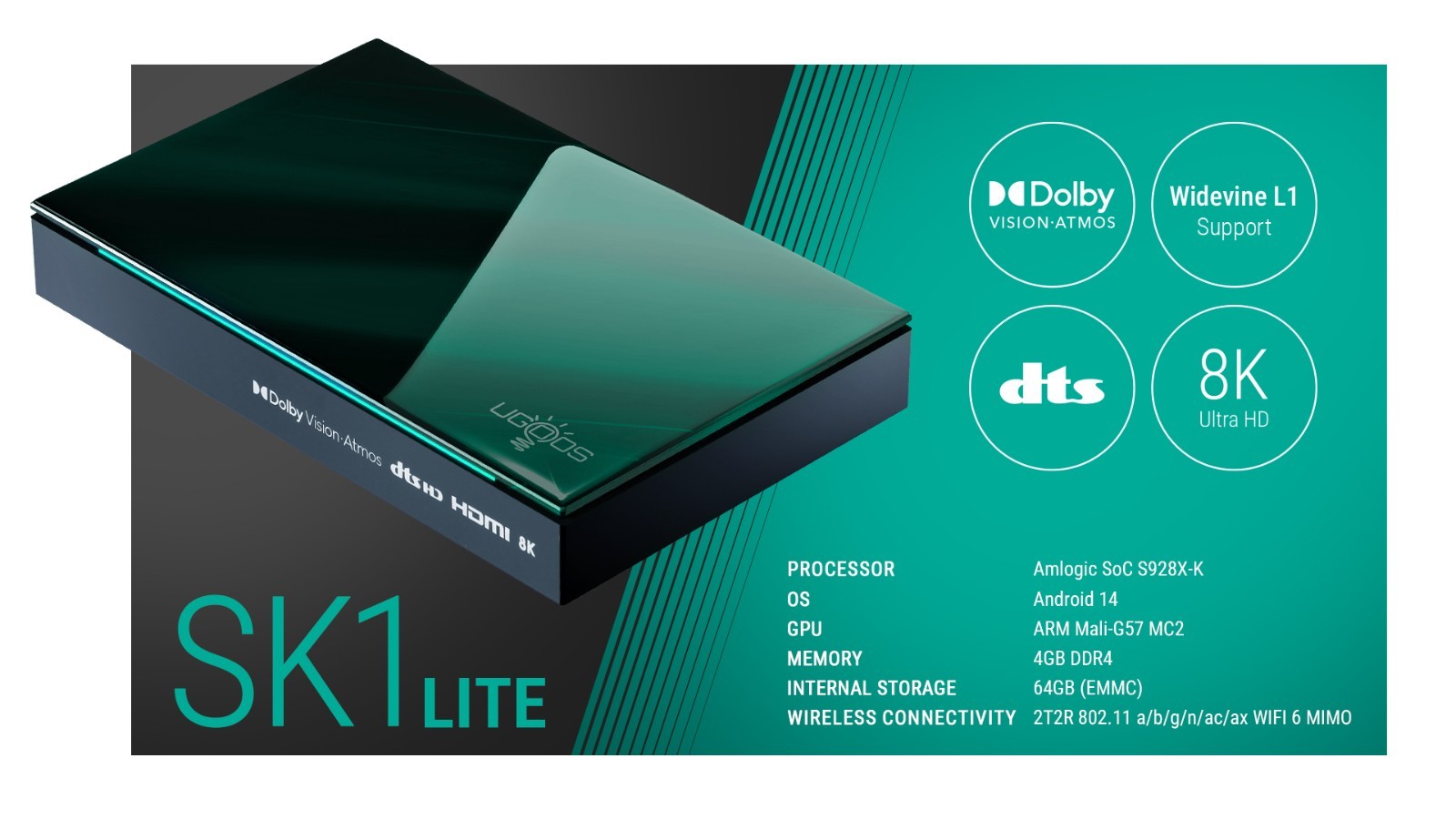 UGOOS SK1 Lite 8K UHD TV Box Android 14 S928X-K 4G 64G WiFi6 1000M AV1 HDR Box