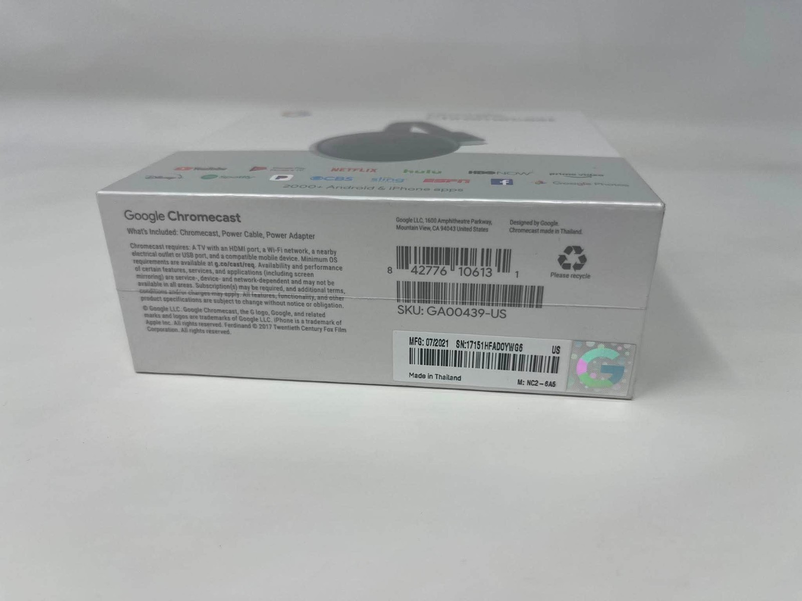 Google Chromecast 3rd Generation GA00439-US Streaming Media Player NEW Sealed