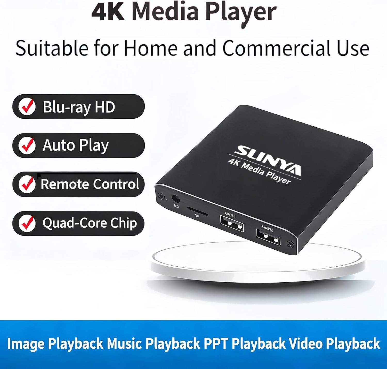 4K Ultra HD Digital Media Player with Remote Control, Supports HDD/USB Drive/Mic