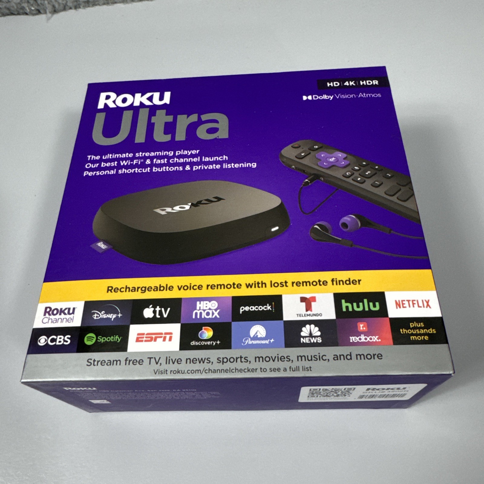 Roku Ultra 4K UHD Streaming Media Player with Voice Remote Pro Rechargeable