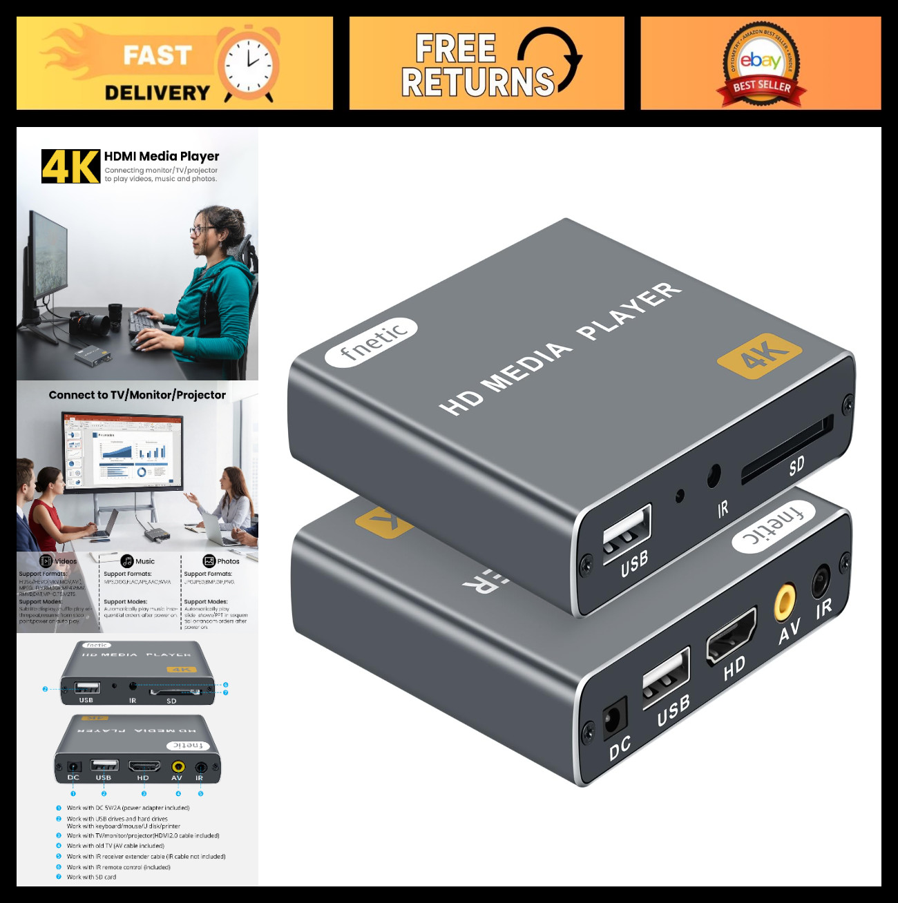 4K Ultra HD Media Player for USB/SD Cards, Digital Signage, Auto Play, HDMI/AV