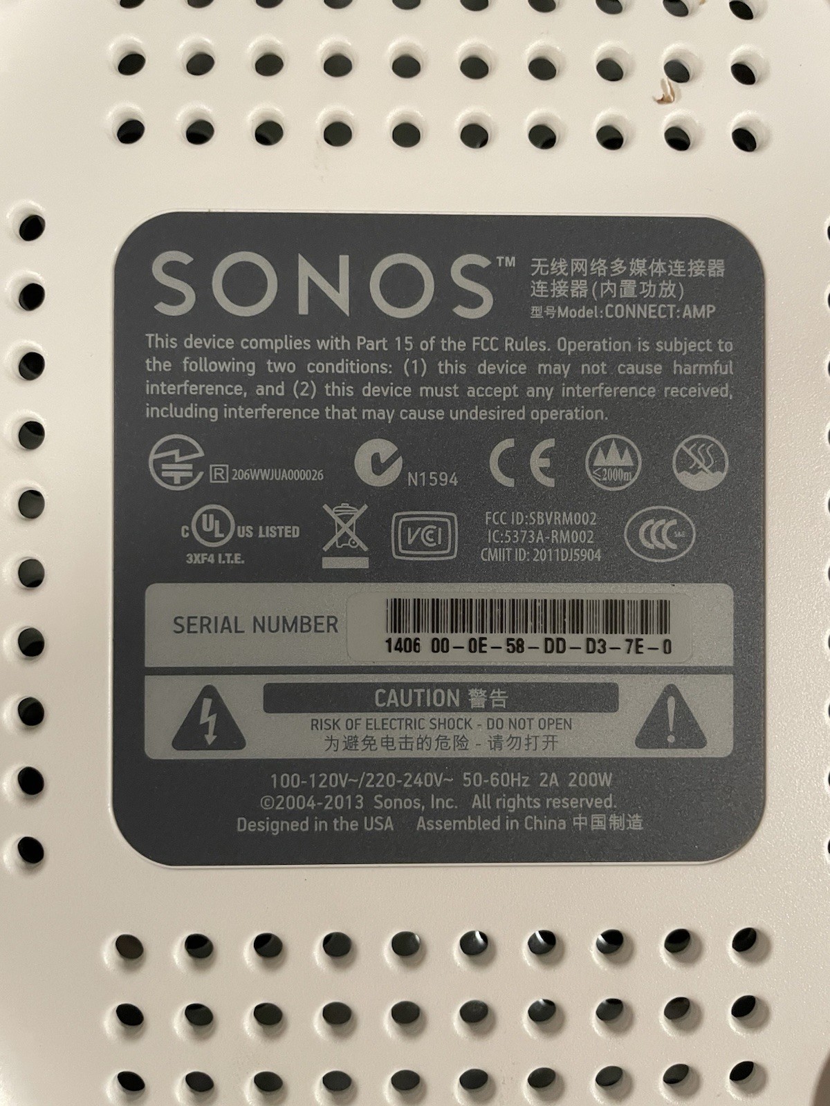 Sonos CONNECT:AMP Gen 1 Digital Music Streamer (S1 App) w/ Power Cord TESTED