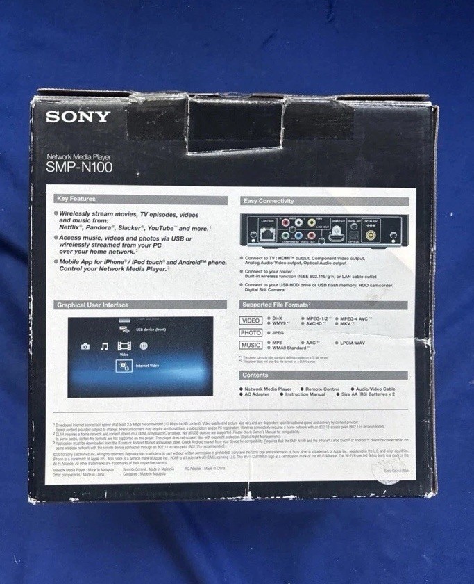 Sony SMP-N100 Network Media Player Black Wi-Fi Ethernet HDMI w/ Remote