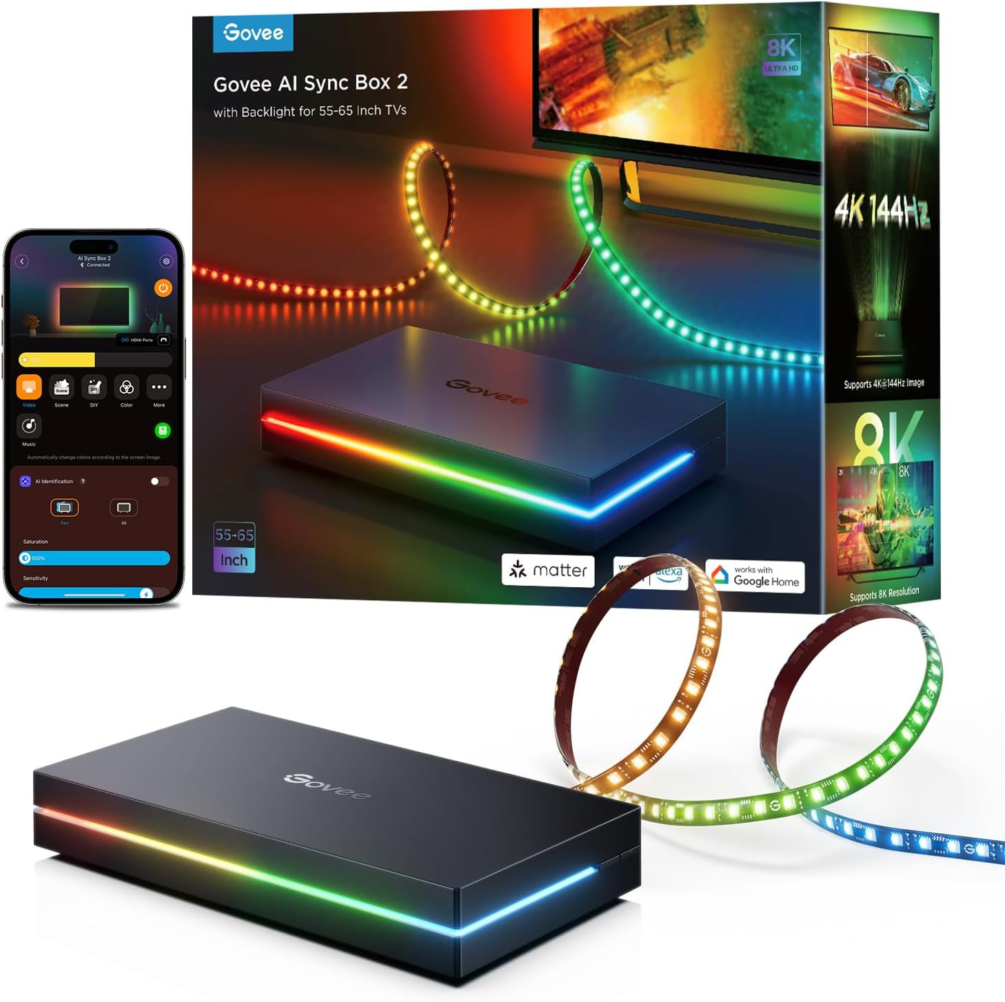 Govee HDMI 2.1 Sync Box 2, AI Sync Box with TV Backlight, Supports 8K@60Hz, 4K@1