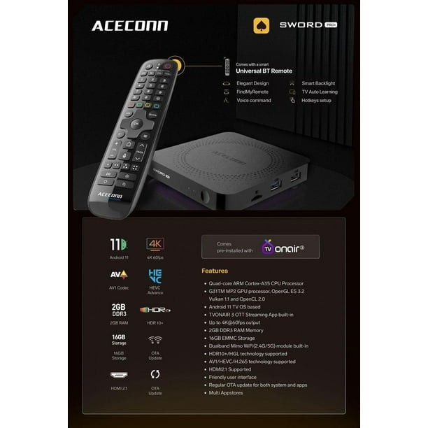 (Aceconn Sword Pro+) – Android 11 | 4K UHD 60fps | Universal BT Remote |2GB/16GB