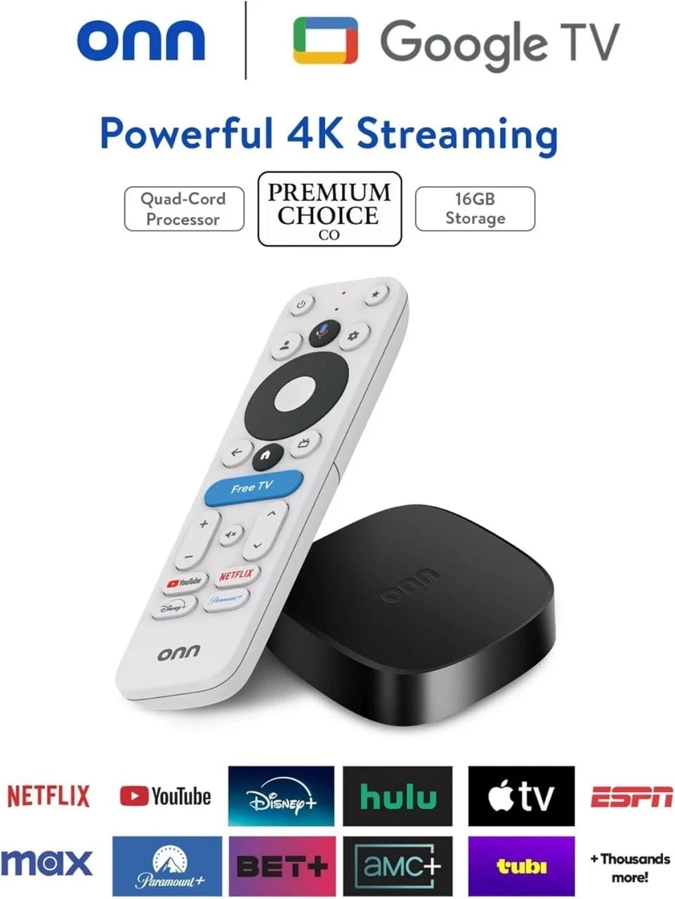 ONN 4K Plus Google TV Streaming Device w Dolby Atmos / Vision 16GB 2GB RAM – NEW