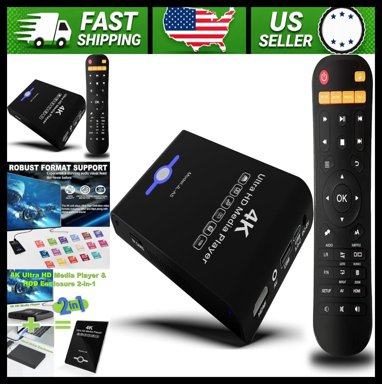 4K Ultra HD Media Player HDD Enclosure for USB and MicroSD Cards