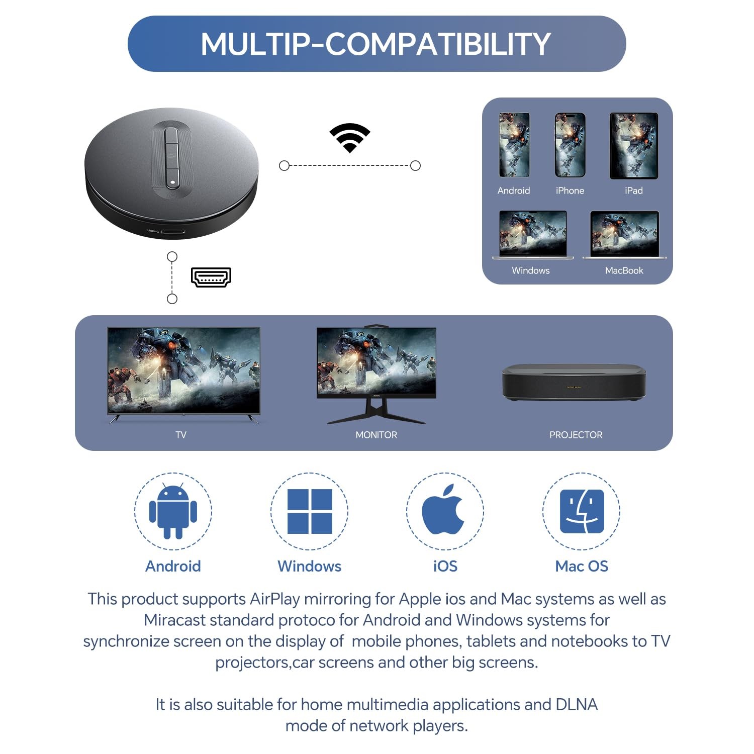 Wireless HDMI Display Dongle Adapter – Miracast Dongle, DLNA, AirPlay – Plug …