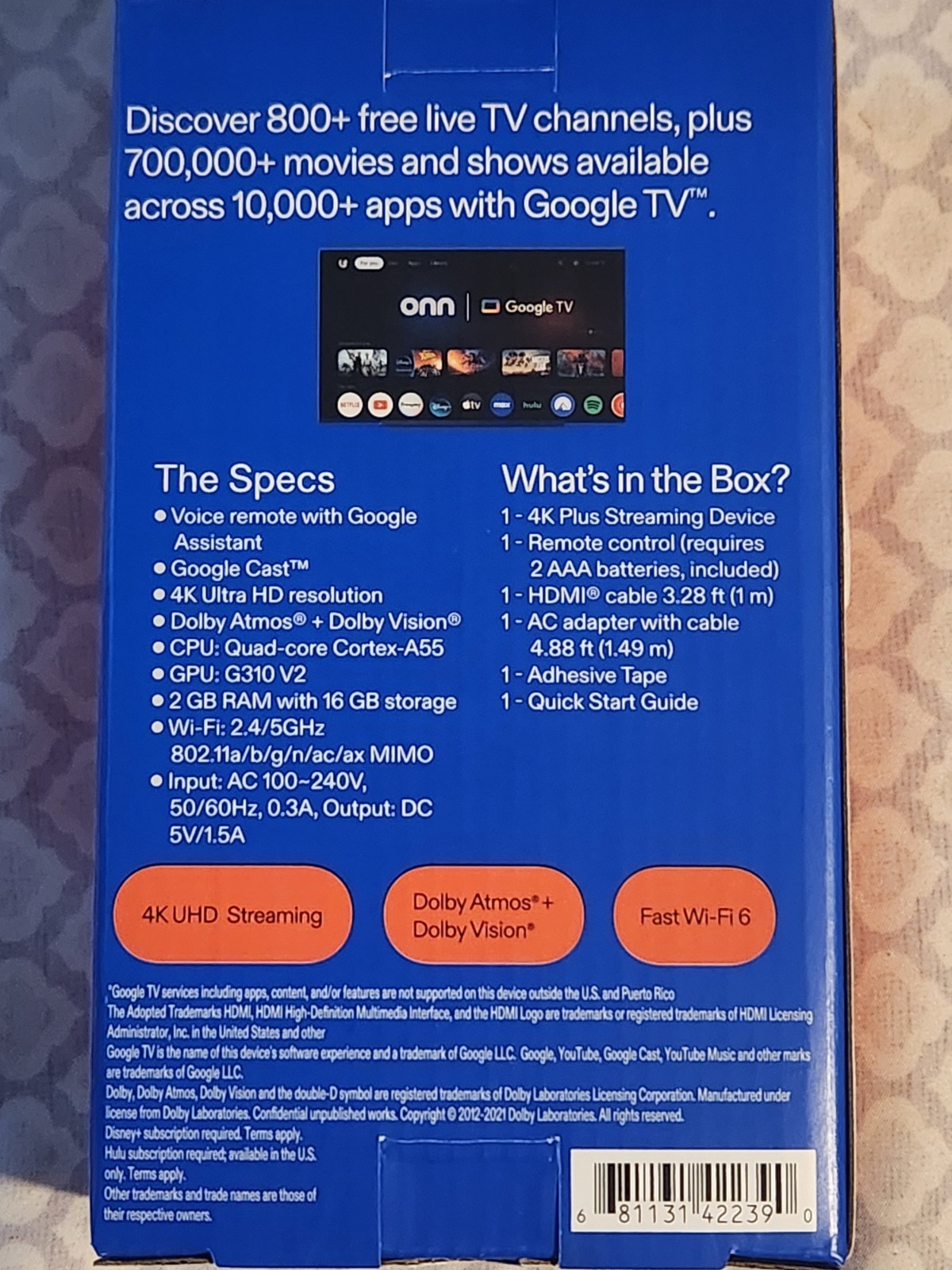 onn 4K PLUS Google TV Android Streaming Device 4K UHD 2GB RAM 16GB Storage NEW