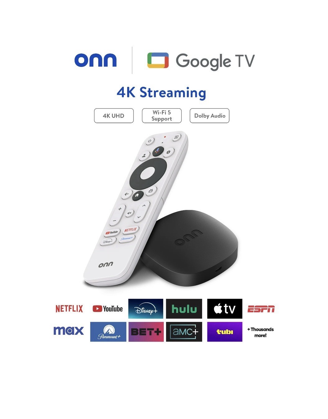 onn 4K Streaming Device, Google TV – Fast Streaming, Ultra HD, 8GB Storage, 2GB