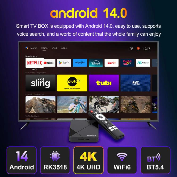 H96Max 4K UHD Android 14 Smart TV Box with Remote Control, RK3518 Quad-Core, 1G