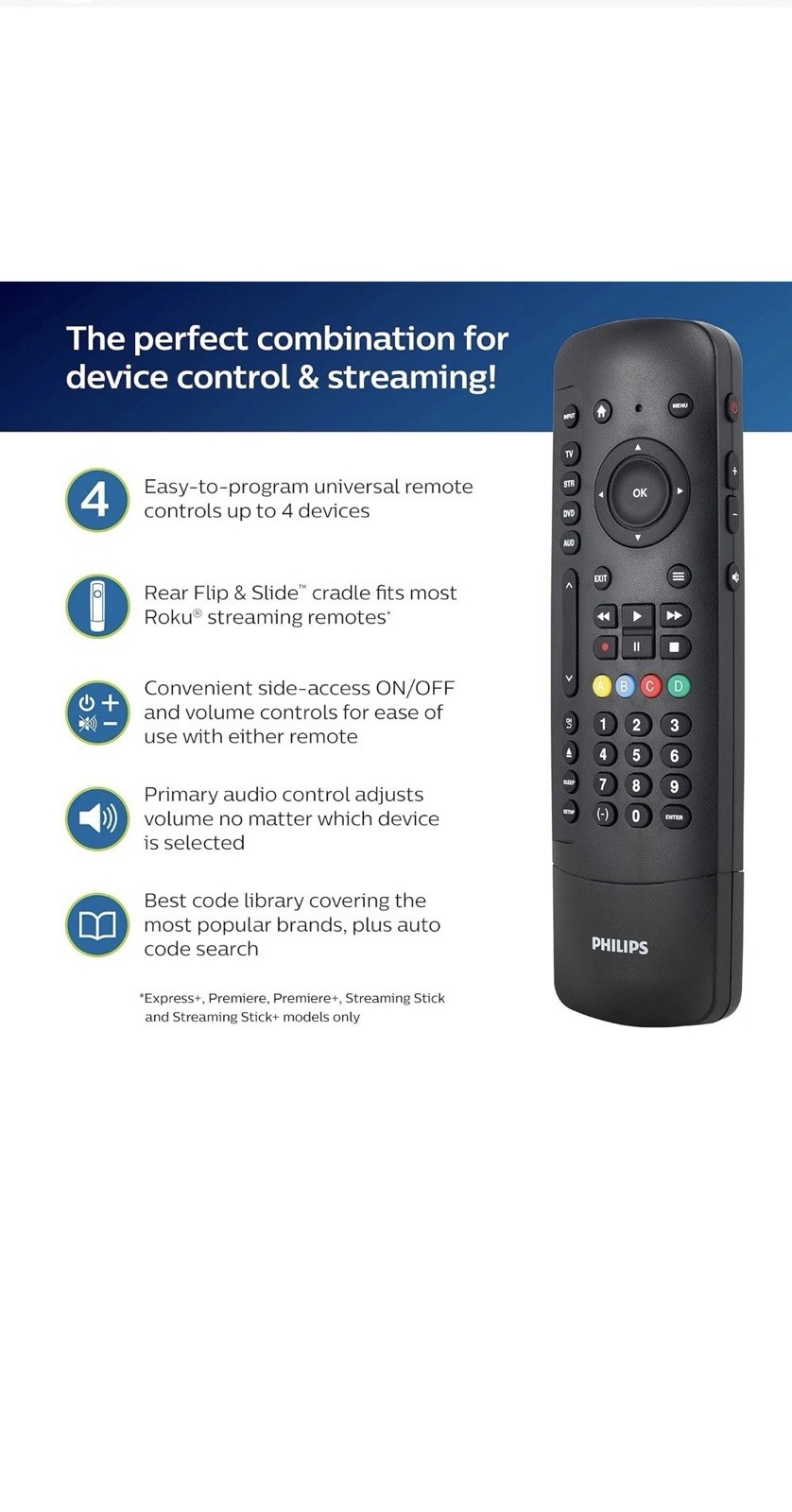 Philips Elite Plus SRP2024R/27 Four Device Universal Remote Control For Roku