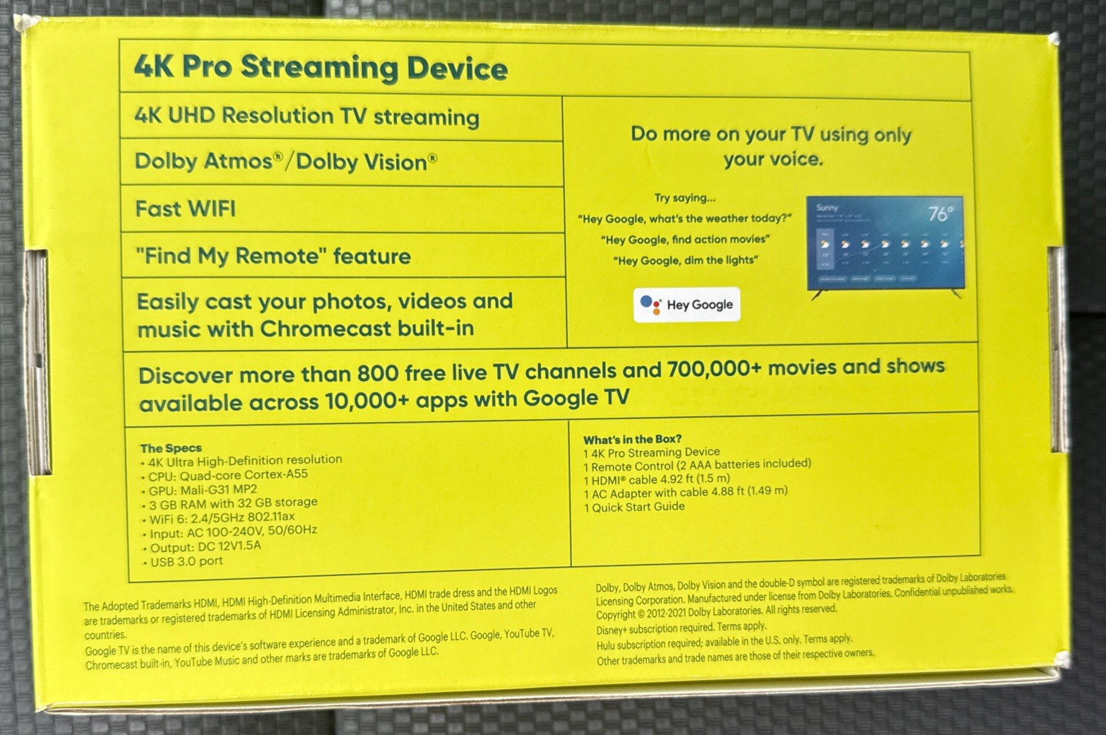 ONN 4K Pro Google TV Streaming Device w Dolby Atmos/Dolby Vision