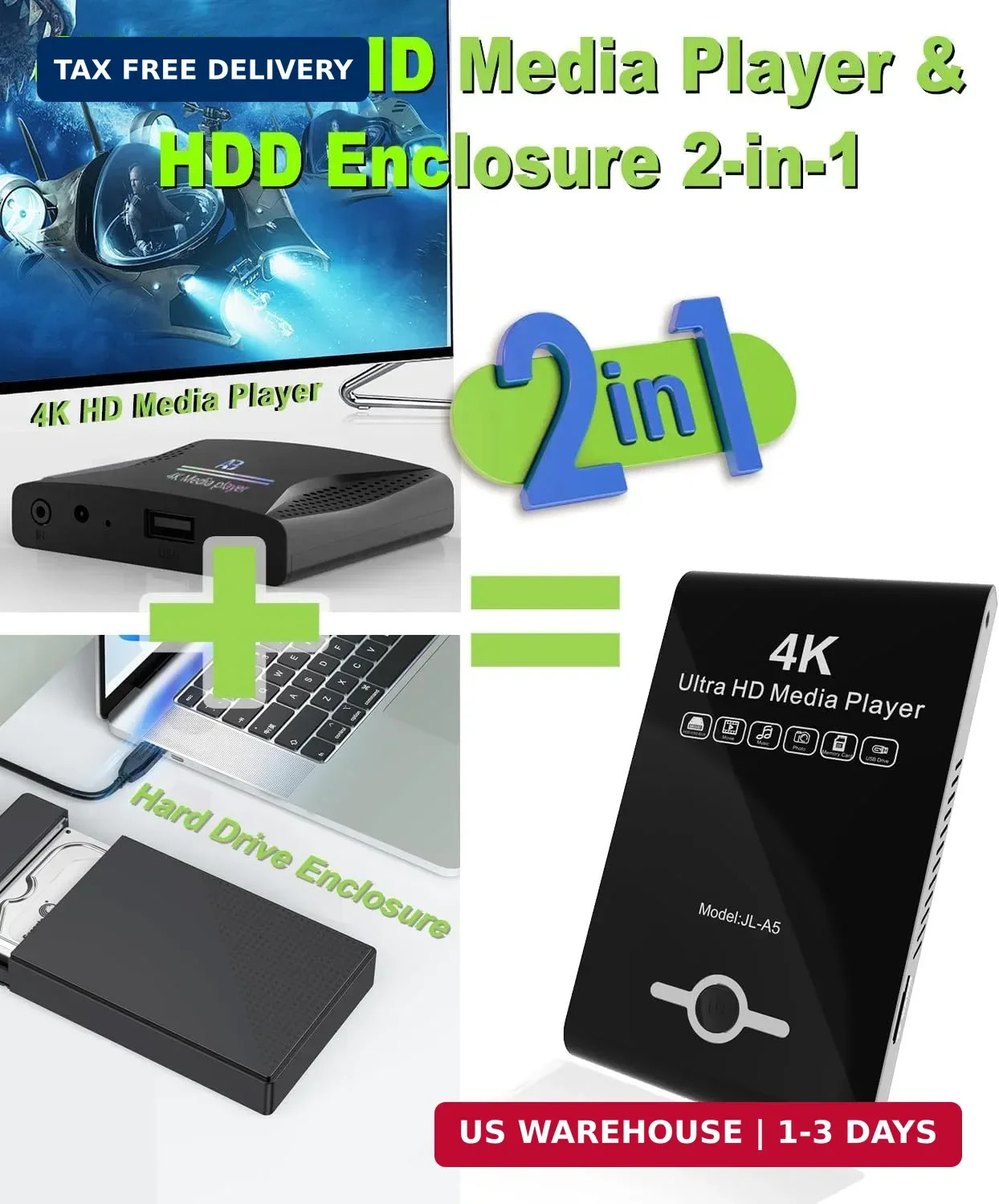 4K Ultra HD Media Player & HDD Enclosure 2-in-1,Digital Signage, Play H.265/HEVC