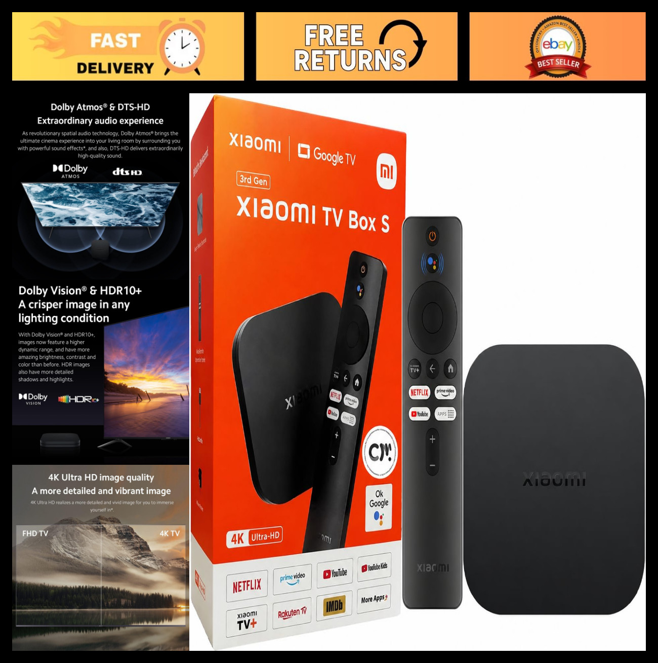 4K UHD Android TV Box, Dolby Vision Atmos, WiFi 6, 2GB RAM, 32GB Storage, Voice