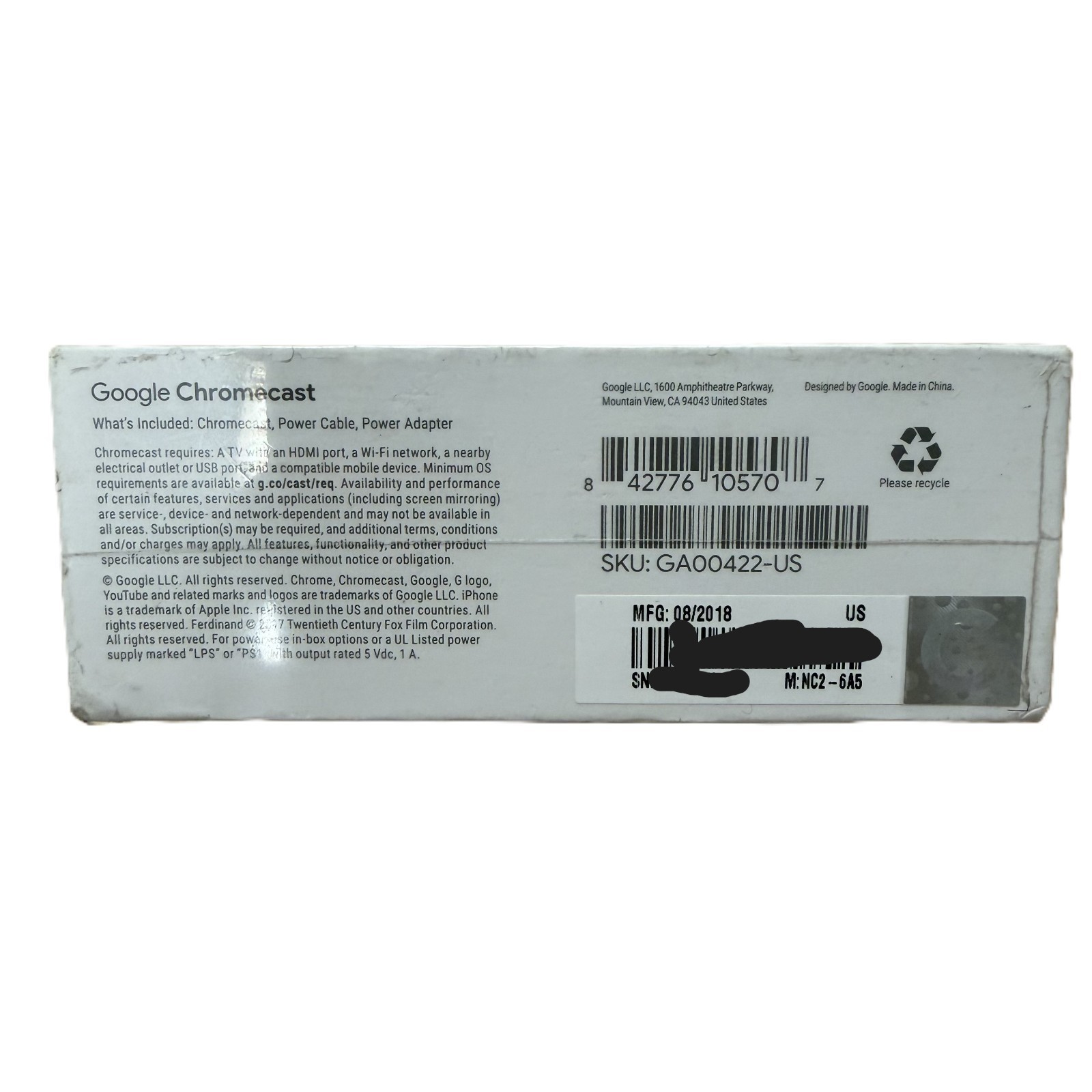 Google Chromecast NC2-6A5 HDMI Media Streamer 3rd Gen 1080P GA00422-US White