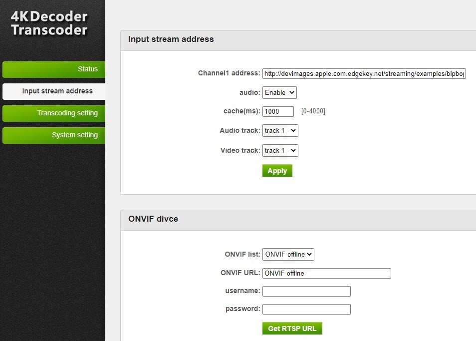 H.265/H.264 HTTP/UDP/RTSP/RTMP/SRT/ONVIF IP stream protocol decoder & transcoder