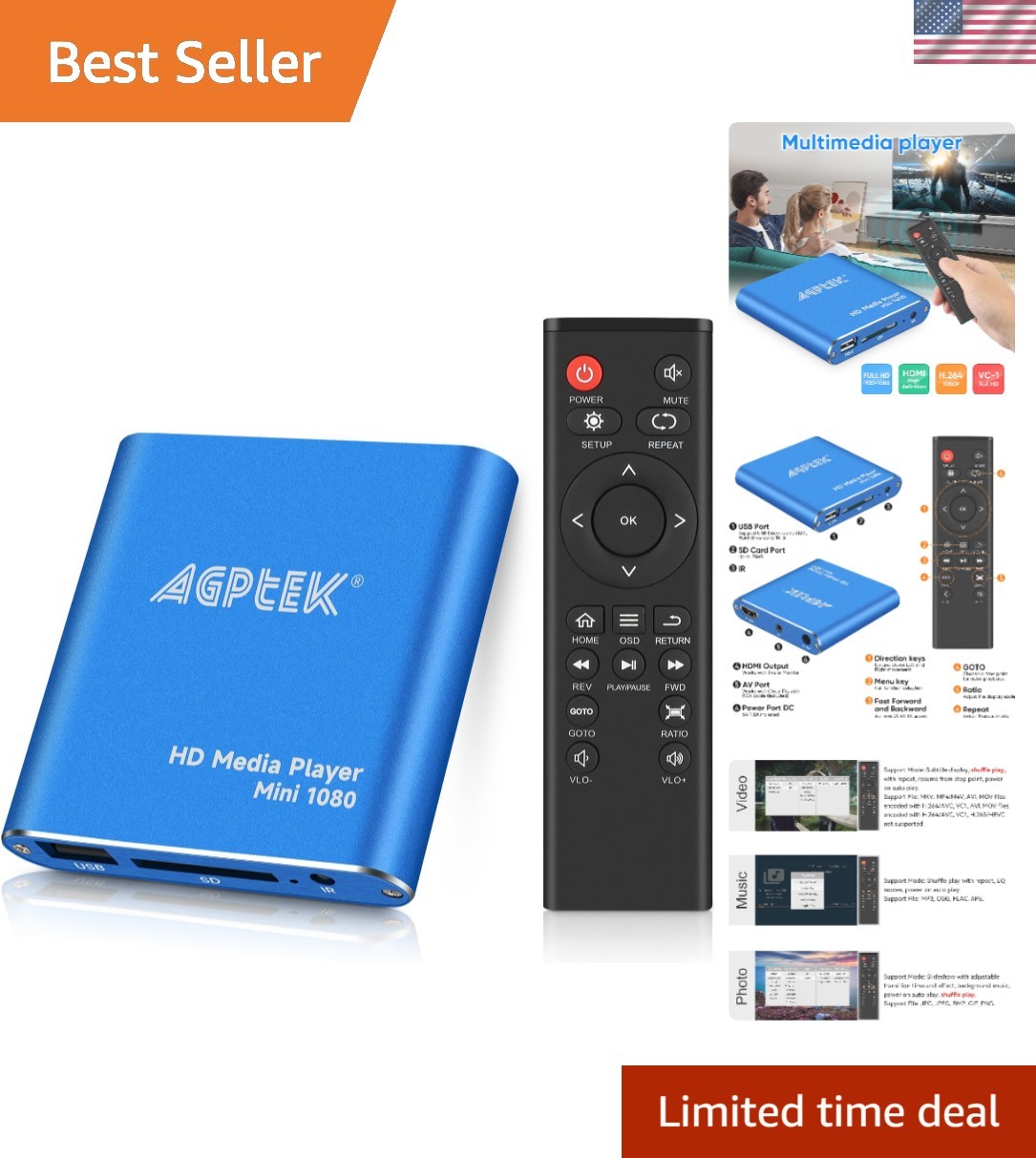 Travel-Friendly Blue 1080p HDMI Media Player with USB Support and Remote Control