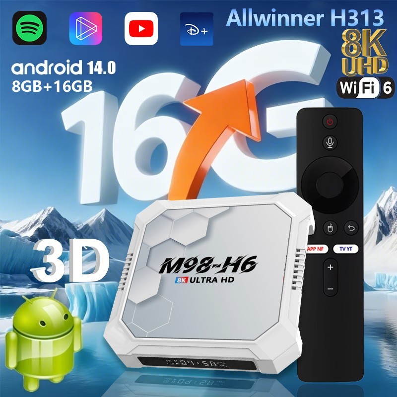 M98-H6 Android14 TV Box 2GB+16GB BT5.4 WiFi 8K UHD Player Voice Remote