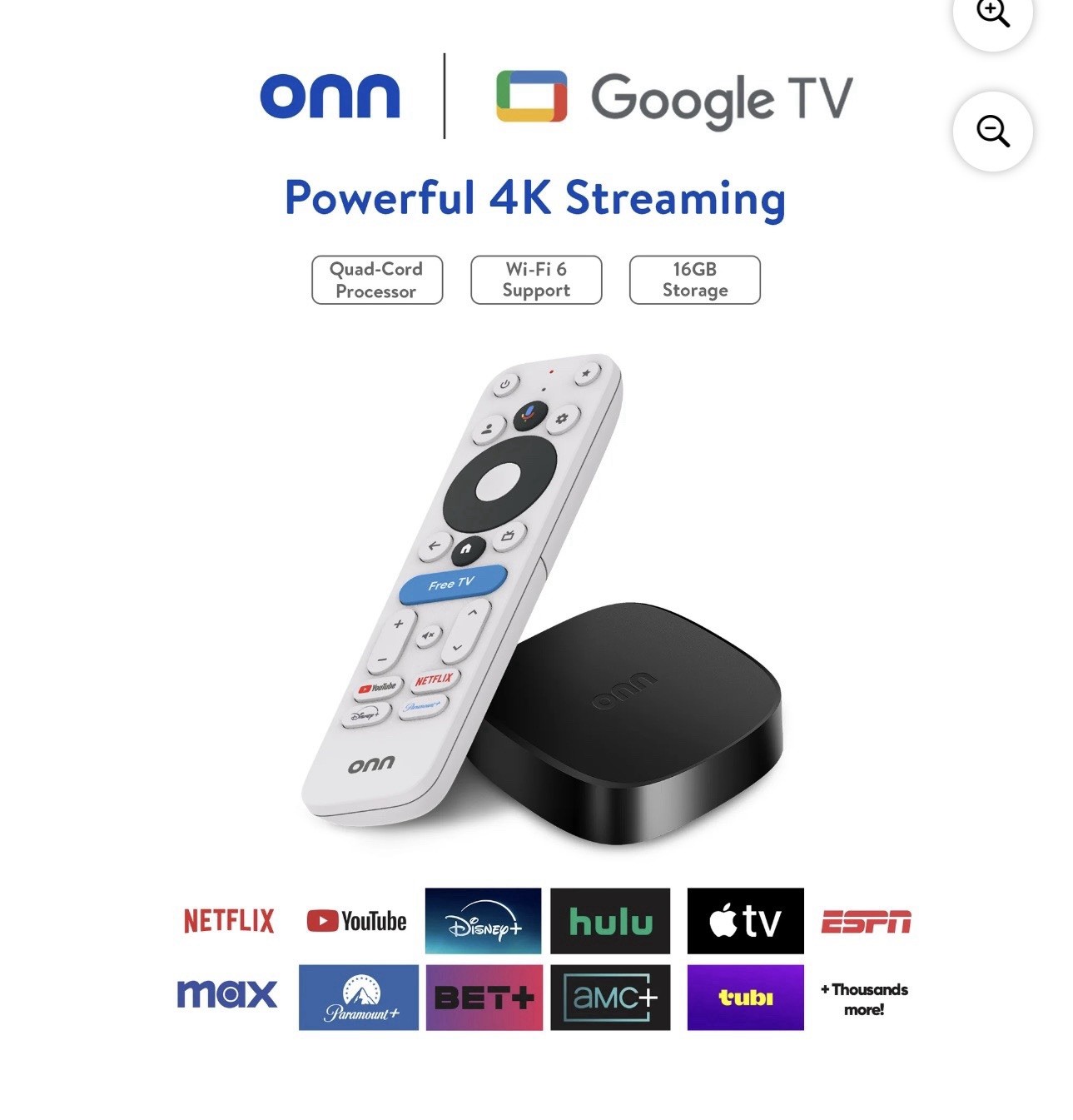 onn 4K Plus Streaming Device Google TV Ultra-fast Streaming UHD 16GB Storage 2GB