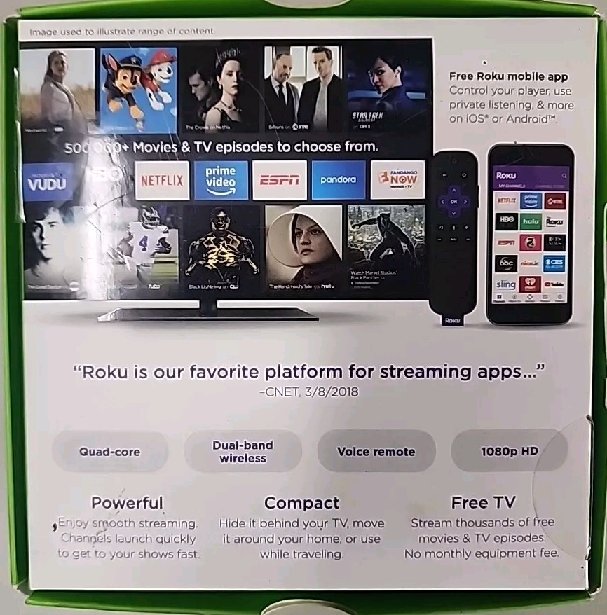 Roku Streaming Stick HD 1080p Quad-Core Voice Remote Dual-Band WiFi Open Box