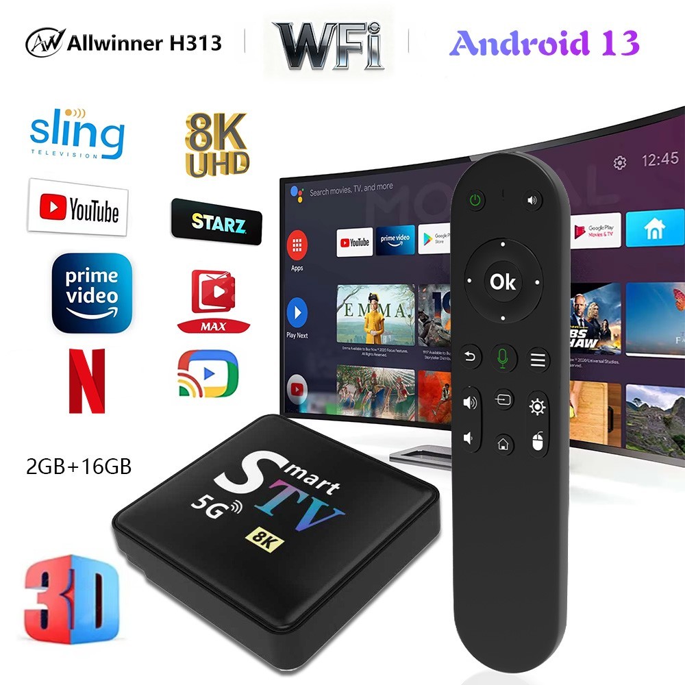 Smart Android 13 TV Box 8K Allwinner H313 2GB+16GB 5G WiFi Streaming