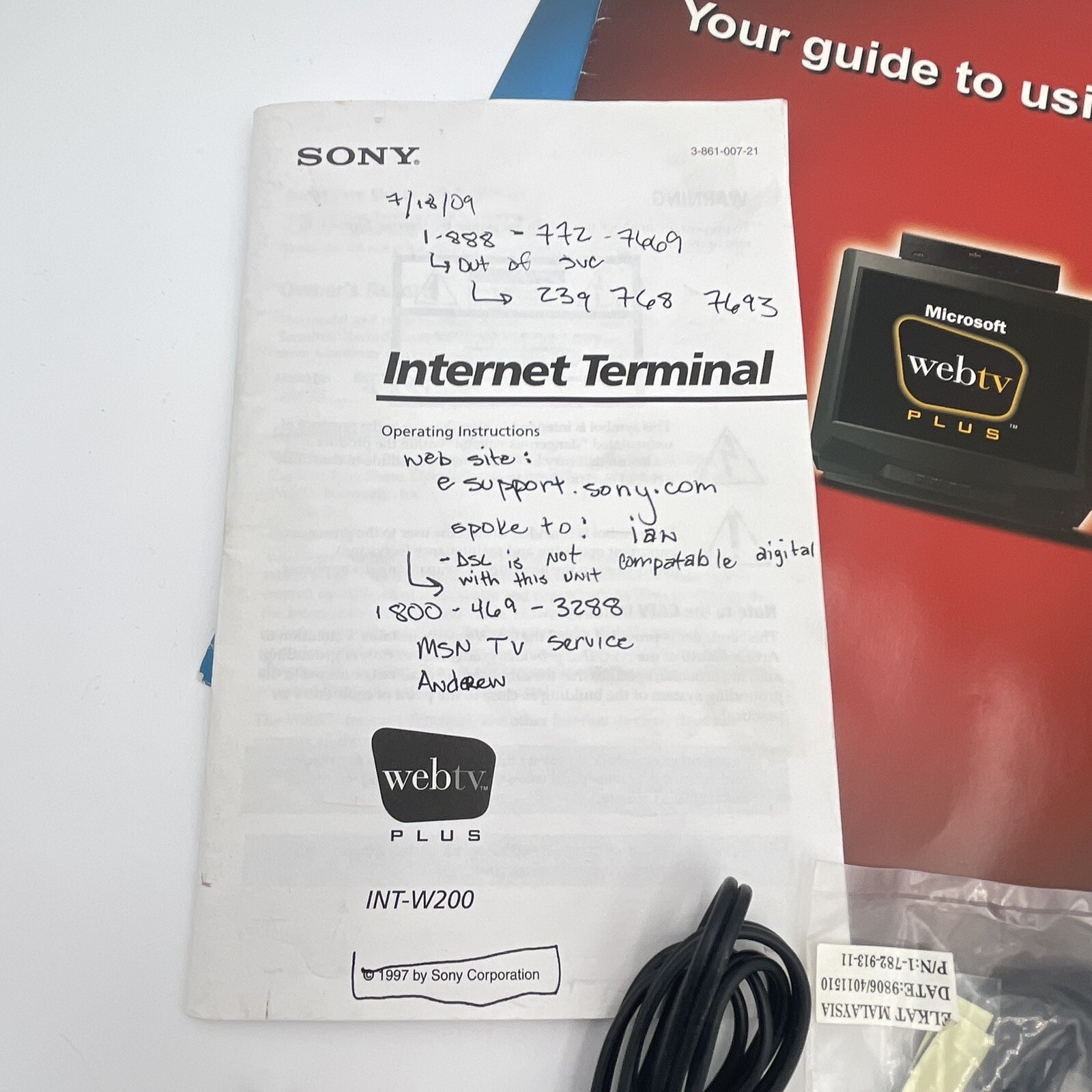 Sony Web TV INT-W200 Webtv: REPLACEMENT PARTS Manual & Cords & Reference Guide