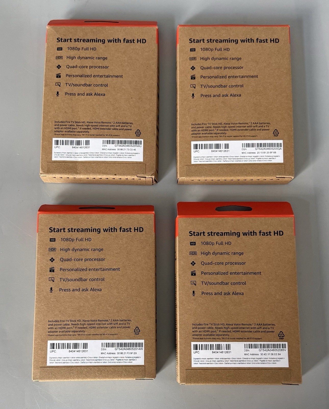 Lot of 4 Amazon Fire TV Stick HD 8GB Wi-Fi 6 — New Factory Sealed