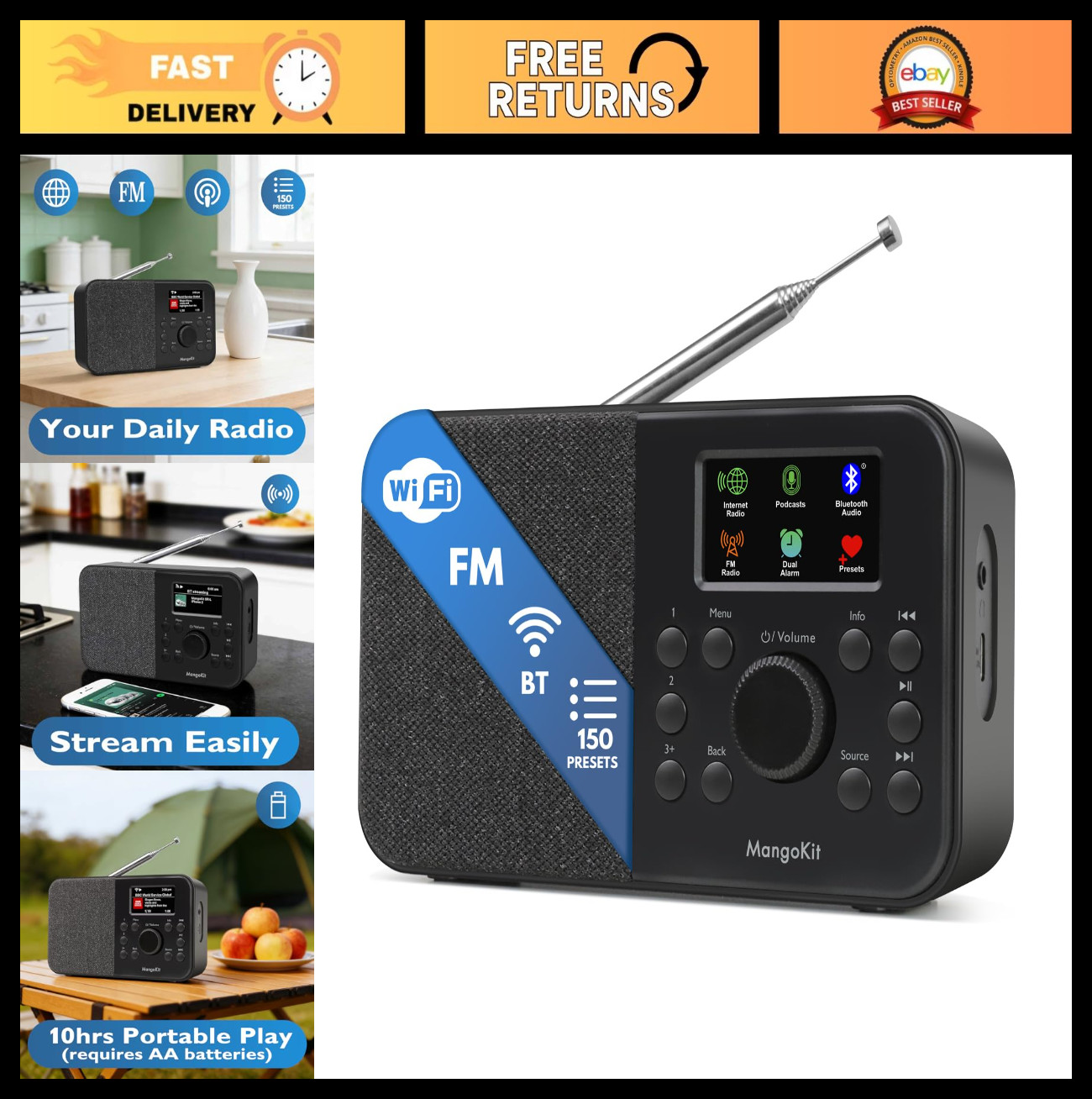 WiFi Internet Radio & Podcast Player, Bluetooth Speaker, 150 Presets, Portable F