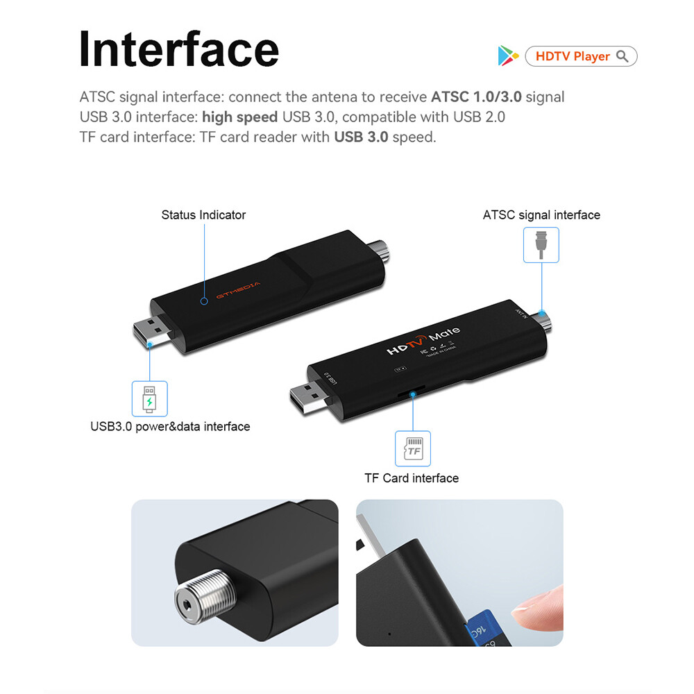 4K ATSC 3.0/1.0 QAM-B TV Tuner Stick over-the-air OTA Signal Meter DVR Record
