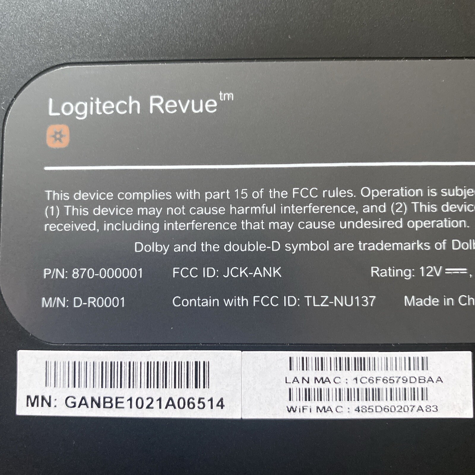 Logitech Revue D-R0001 Black Wireless Wi-Fi HDMI with Google TV Media Streamer