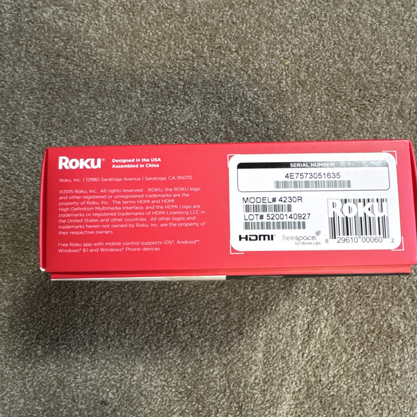 Roku 3 3rd Generation Media Streamer 4230R Black. Smoke Free Environment