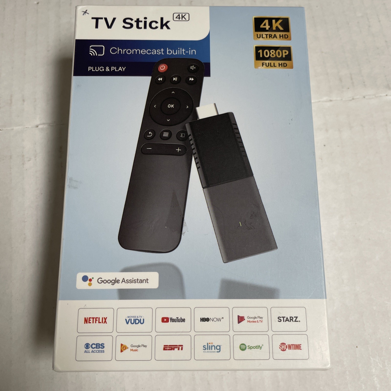 New In Box 4K Ultra HD TV Stick Plug N Play Android – Slight Box Damage