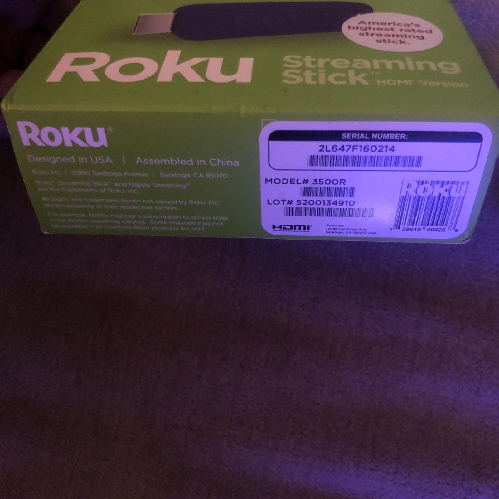 Roku Streaming Stick 3500R Purple HDMI Version New