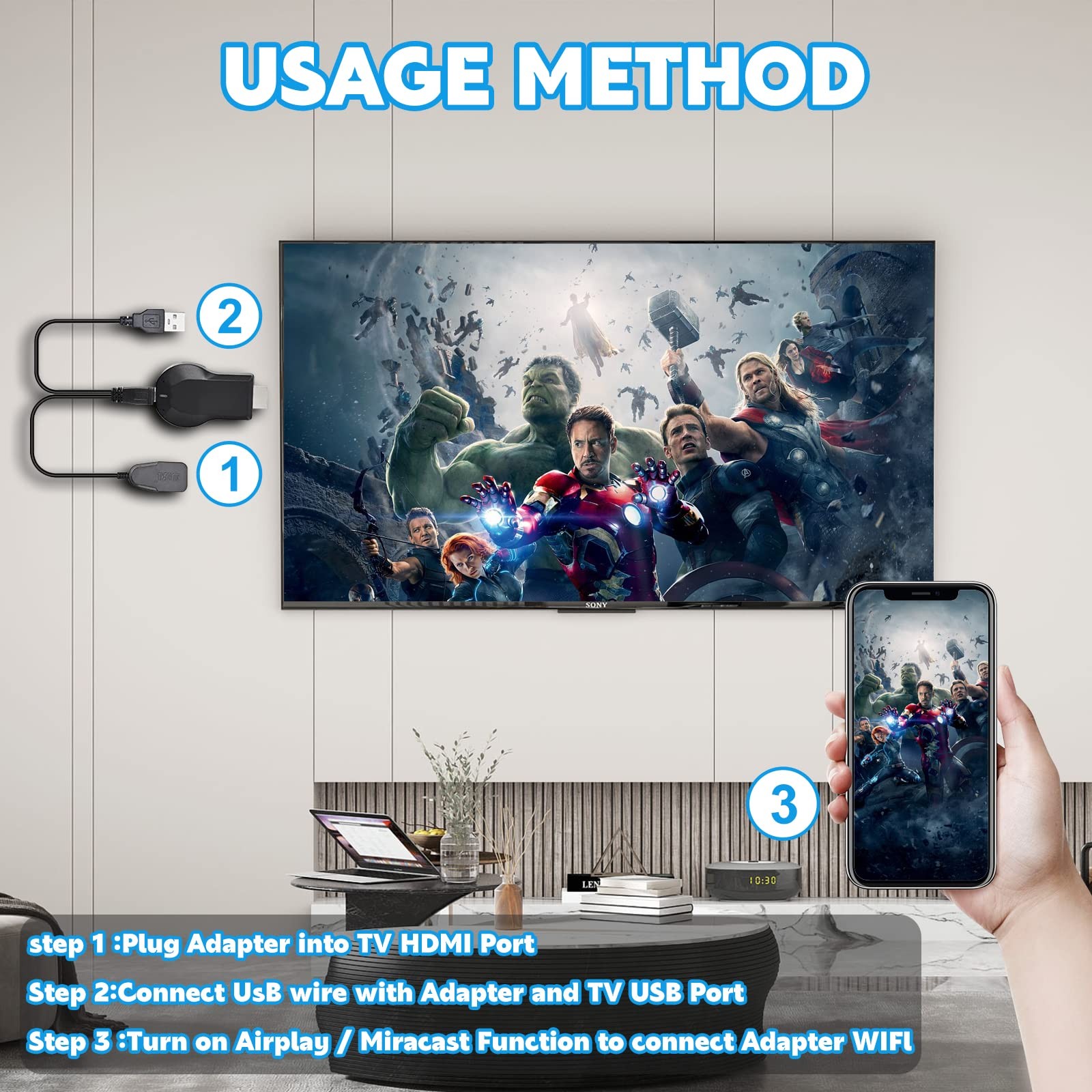 HDMI Wireless Display Dongle Adapter WiFi 4K&1080P Portable Transmitter, Str…