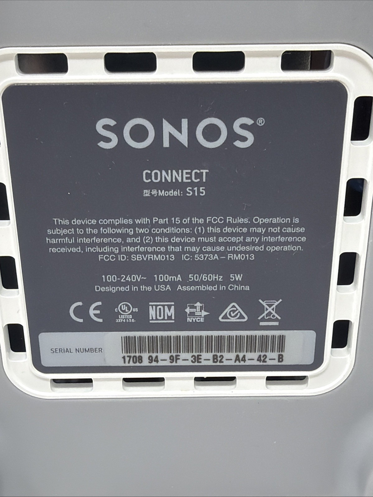 Sonos Connect: S15 Pre-Amp 2nd Gen – S2 Compatible w/Cables – Tested