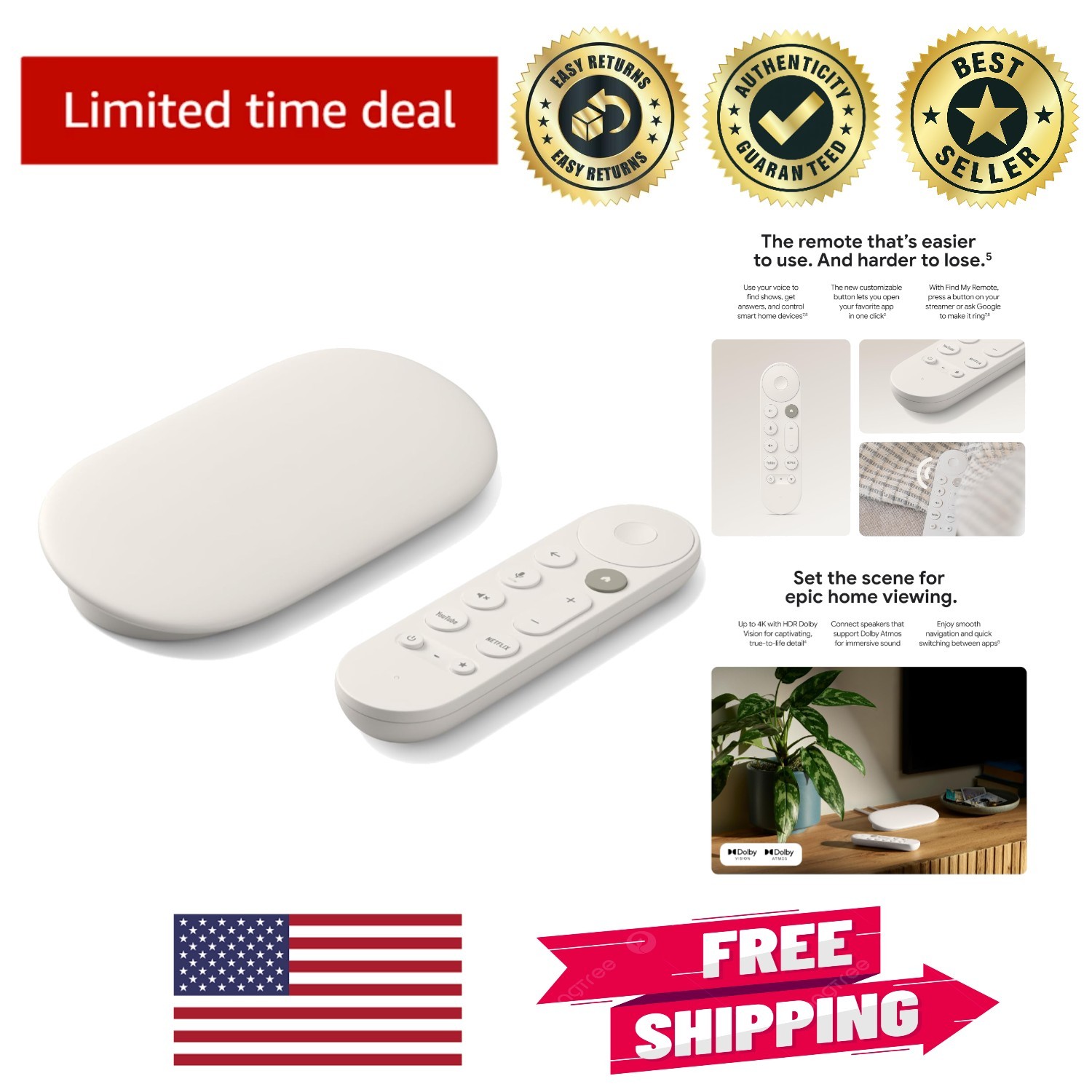 Smart 4K Streaming Device – Voice Remote, 32 GB, Supports Netflix & Hulu